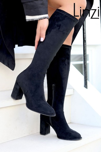 Linzi Black Kylie Stretch Suede Long Block Heeled Boots ever With Round Toe (Q68729) | £50