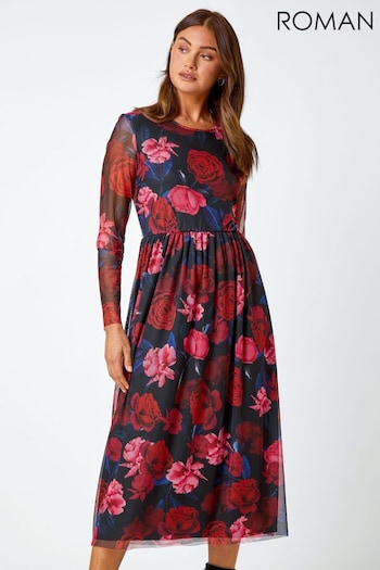 Roman Red Floral Mesh Midi Stretch Dress (Q68734) | £42