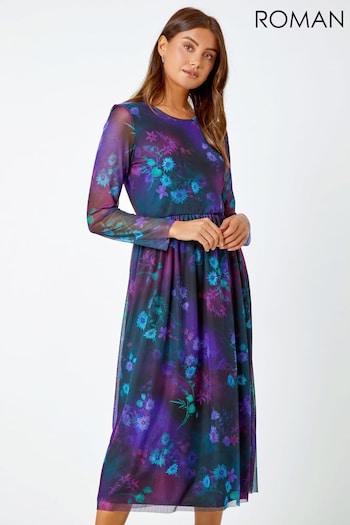 Roman Purple Floral Mesh Midi Stretch Dress (Q68742) | £42
