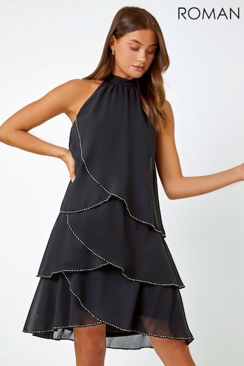 Roman Black Sparkle Trim Tiered Halterneck Dress (Q68749) | £50