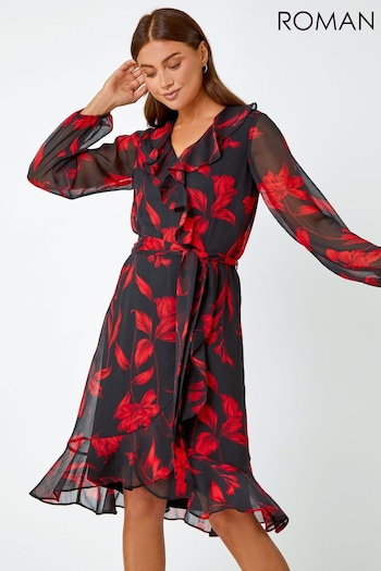 Roman Red Floral Chiffon Frill Wrap Dress (Q68763) | £50