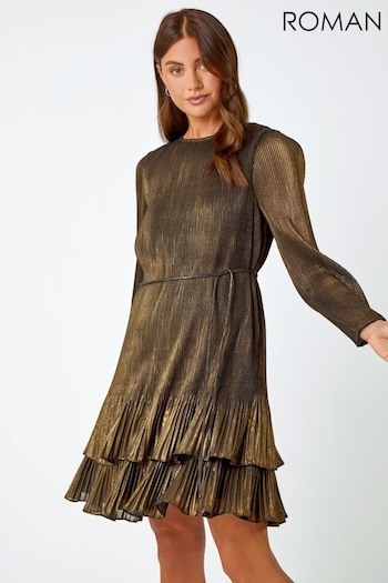 Roman Metallic Plisse Shimmer Tiered Mini Dress (Q68770) | £55