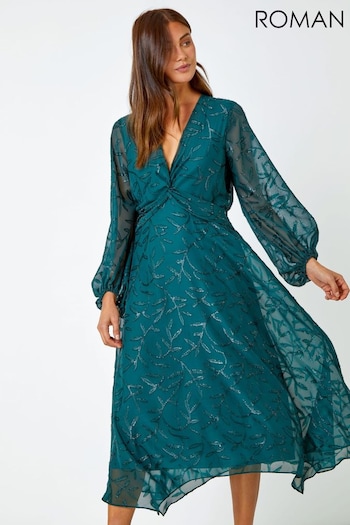 Roman Green Textured Floral Twist Front Midi Dress (Q68774) | £55