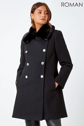 Roman Black Faux Fur Collar Double Breasted Coat (Q68784) | £85