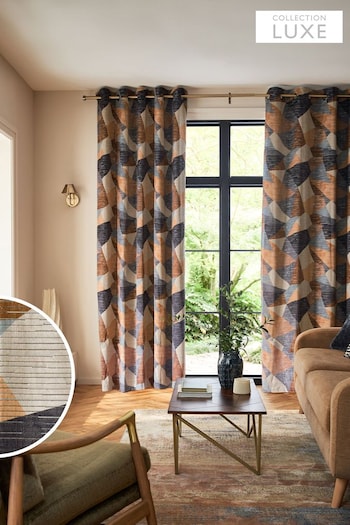 Blue/Orange Collection Luxe Heavyweight Cut Velvet Abstract Eyelet Lined Curtains (Q68823) | £195 - £370