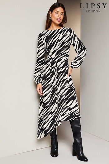 Lipsy Black/White Long Sleeve Asymmetric Pleated Midi Dress (Q68839) | £55