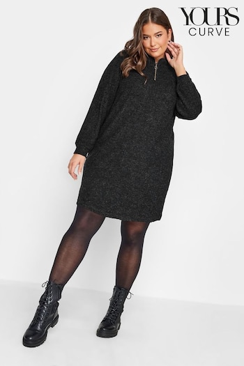Yours Curve Grey Soft Touch Ribbed Half Zip Midi Dress (Q68896) | £31
