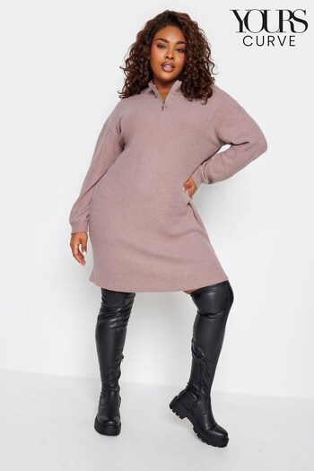 Yours Curve Pink Soft Touch Ribbed Half Zip Midi Dress (Q68898) | £31