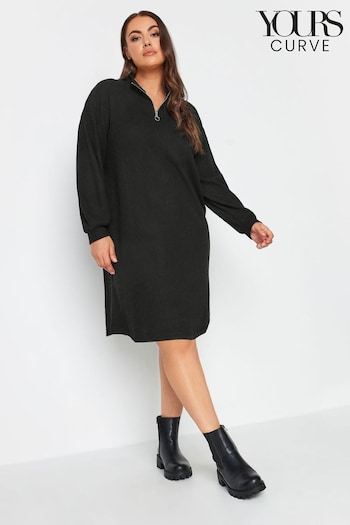 Yours Curve Black Soft Touch Ribbed Half Zip Midi Dress (Q68924) | £31