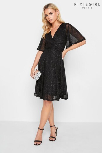 PixieGirl Petite Black Glitter Mesh Angel Sleeve Dress (Q68928) | £39
