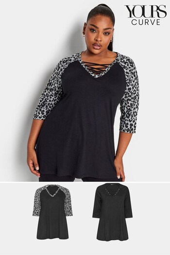 Yours Curve Black Lattice Eyelet Tops 2 Pack (Q68935) | £31