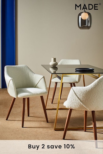 MADE.COM Set of 2 White Boucle and Walnut Legs Lule Arm Dining Chairs (Q68963) | £299