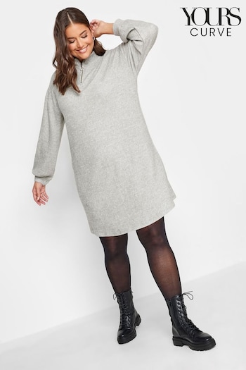 Yours Curve Grey Soft Touch Ribbed Half Zip Midi Dress (Q68972) | £31
