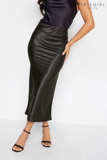 PixieGirl Petite Black Satin Midi Skirt (Q68994) | £29