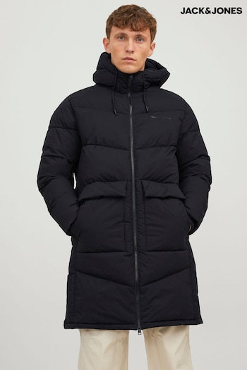 JACK & JONES Black Longline Padded Hooded Coat (Q69058) | £90