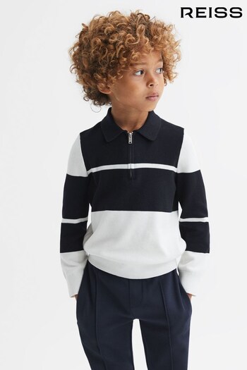 Reiss Navy/White Tokyo Teen Slim Fit Half-Zip Long Sleeve Polo Shirt (Q69181) | £44