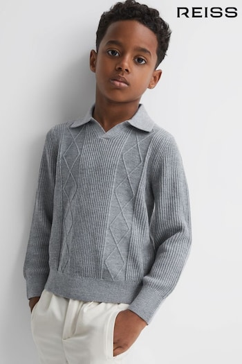 Reiss Soft Grey Melange Malik Teen Knitted Open-Collar Top (Q69203) | £46