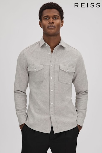 Reiss Soft Grey Melange Ragan Textured Button-Through Shirt (Q69262) | £110