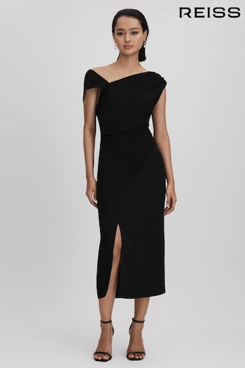 Reiss Black Miller Asymmetric Bodycon Midi Dress (Q69264) | £228