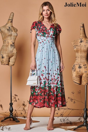 Jolie Moi Blue Symmetrical Floral Print Mesh Maxi Dress (Q69282) | £95