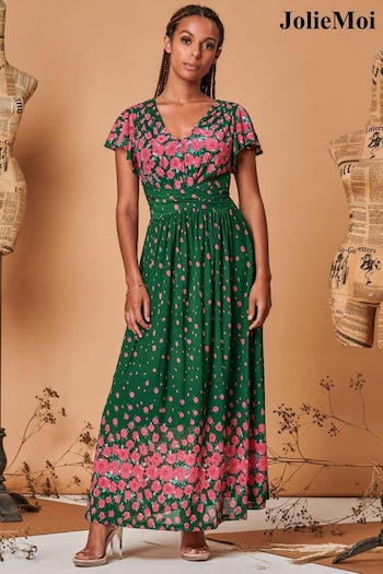 Jolie Moi Green Carlii Symmetrical Print Mesh Maxi Dress (Q69283) | £95