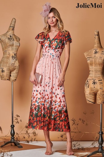 Jolie Moi Pink Symmetrical Floral Print Mesh Maxi Dress (Q69290) | £95
