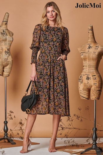 Jolie Moi Black Chiffon Maxi Cardin Dress with Shirred Cuffs (Q69291) | £75