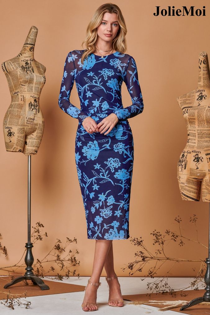Navy blue floral bodycon dress online