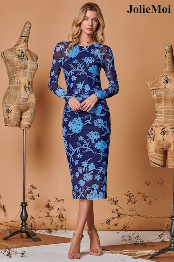 Jolie Moi Blue Long Sleeve Mesh Bodycon Maxi Dress (Q69294) | £60
