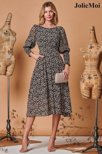 Jolie Moi Chiffon Maxi Black Dress with Shirred Cuffs (Q69312) | £75