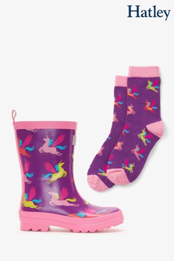Hatley Purple Pretty Pegasus Shiny Rain Boots & Matching Socks (Q69390) | £35