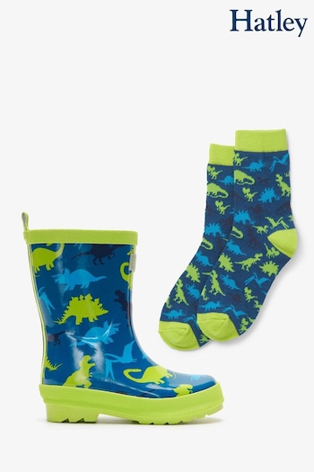 Hatley Blue Real Dinos Shiny Rain Boots & Matching Socks (Q69431) | £35