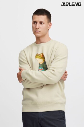 Blend Cream Frog Print Jersey Crew Neck Pullover Sweat Shirt (Q69562) | £35