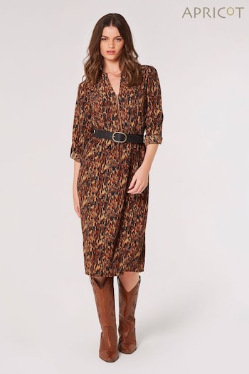 Apricot Brown Ikat Texture Zip Front Midi Dress (Q69591) | £35
