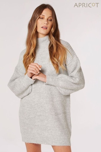Apricot Grey Chunky Knit Puff Sleeve Jumper Dress (Q69597) | £39
