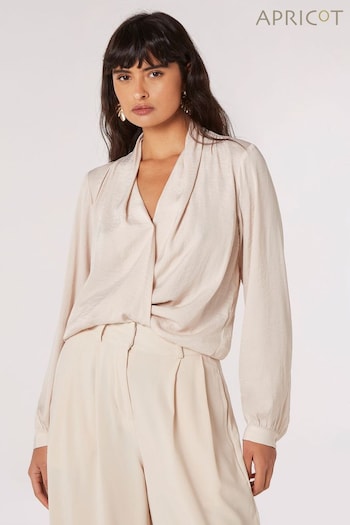 Apricot Cream Textured Satin Long Sleeve Wrap Top (Q69609) | £30