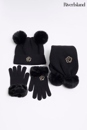 River Island Black Girls Flower Double Pom Bundle Hat, Gloves & Scarf Sets (Q69616) | £30