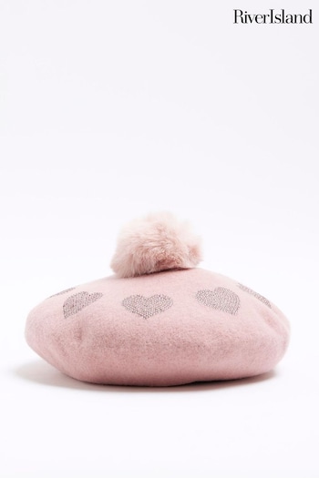 River Island Pink Girls Heart Heatseal Beret Hat (Q69632) | £12