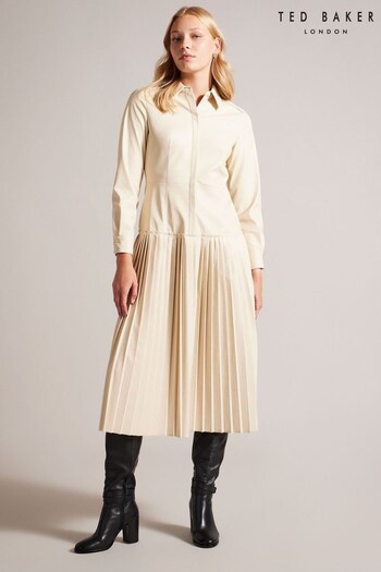 Ted Baker Navaehh Midi Shirt Natural Dress With Pleated Skirt (Q69654) | £250