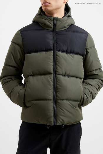 French Connection Black/Khaki Green Mid Length Row Panel Hooded Jacket (Q69755) | £75