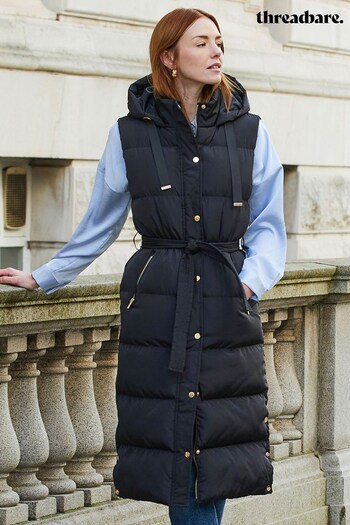 Threadbare Black Quilted Longline Hooded Gilet With Tie Waist (Q69881) | £55