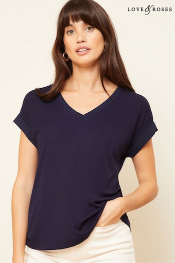 Love & Roses Navy Blue V Neck Woven Trim Jersey T-Shirt (Q69887) | £22