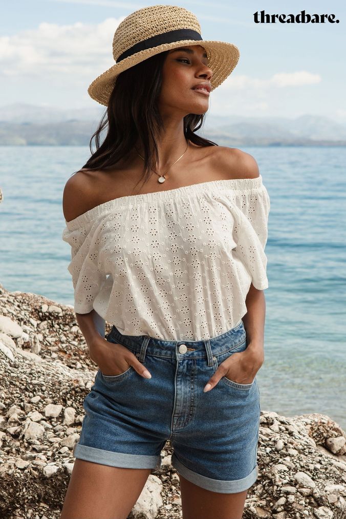 Off shoulder top with denim shorts discount