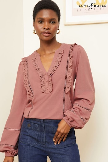 Love & Roses Pink Broderie Trim Lace insert V Neck Jersey Top (Q69910) | £34