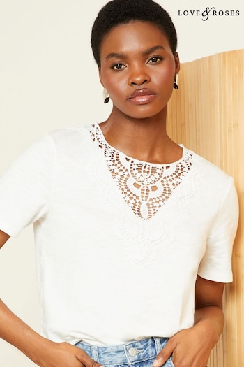 Love & Roses Ivory White Petite Crochet Lace Insert Short Sleeve Jersey Top (Q69944) | £26