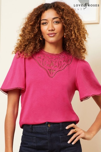 Love & Roses Pink Petite Lace Yoke Flutter Sleeve Jersey Top (Q69948) | £29