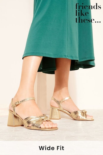 Friends Like These Gold Wide FIt Faux Leather Knot Mid Block Heel Sandal (Q70032) | £35