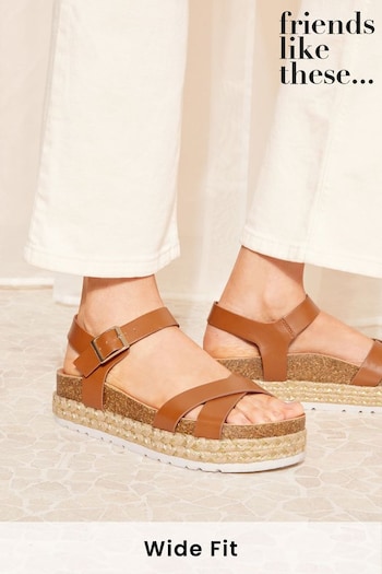 Friends Like These Brown Wide FIt Cross Strap Faux Leather Flatform Sandal (Q70069) | £33