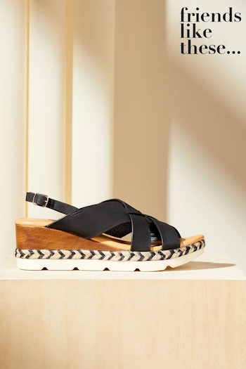 Friends Like These Black Comfort  Faux Leather Slingback Woven Wedge (Q70101) | £35