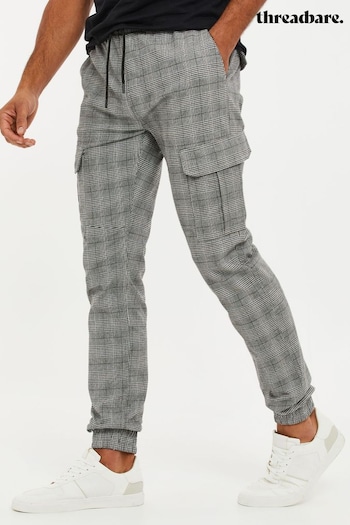 Threadbare Grey Cotton Check Cuffed Cargo Calca Trousers With Stretch (Q70145) | £38